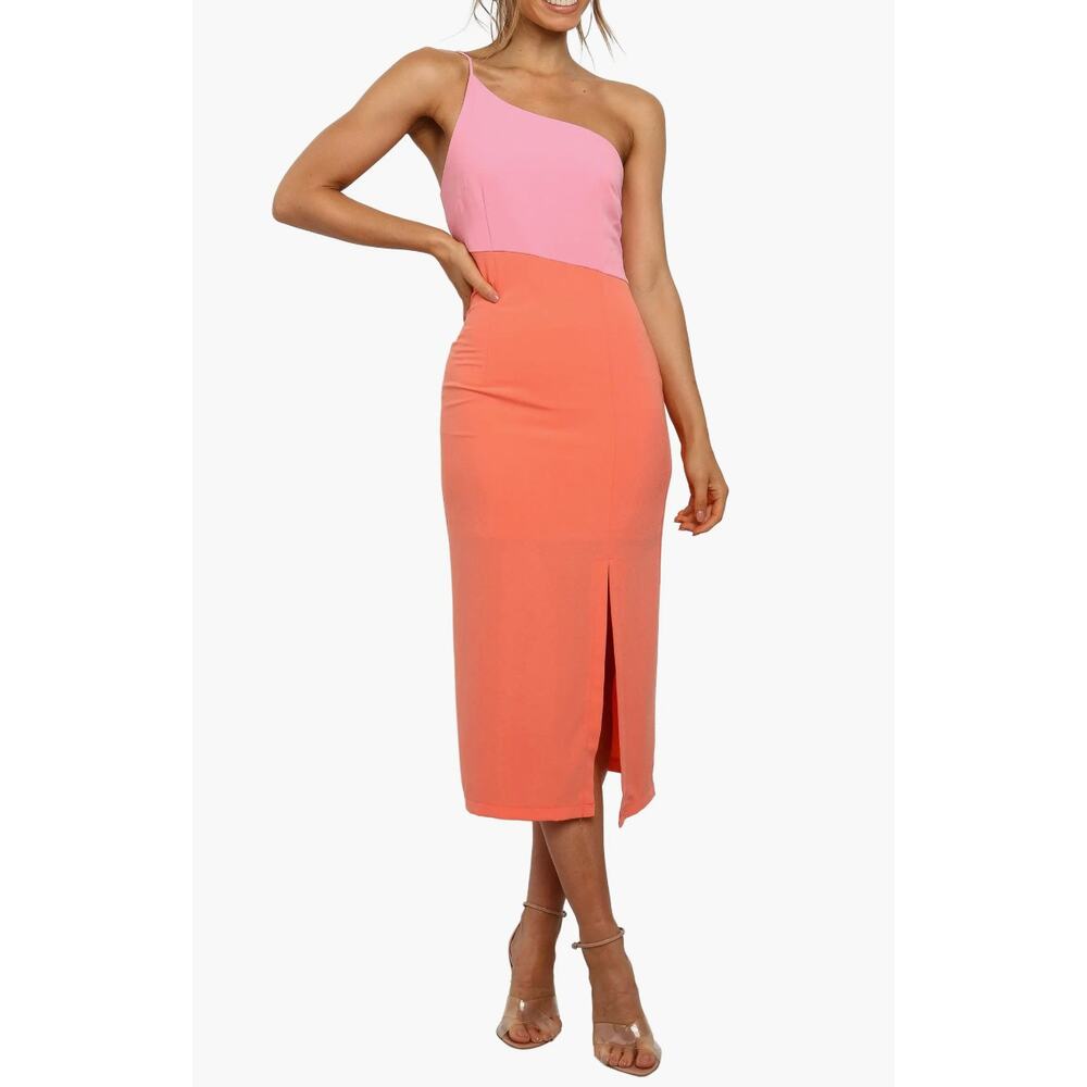Petal & Pup Pink and Orange One-Shoulder Midi Dress
